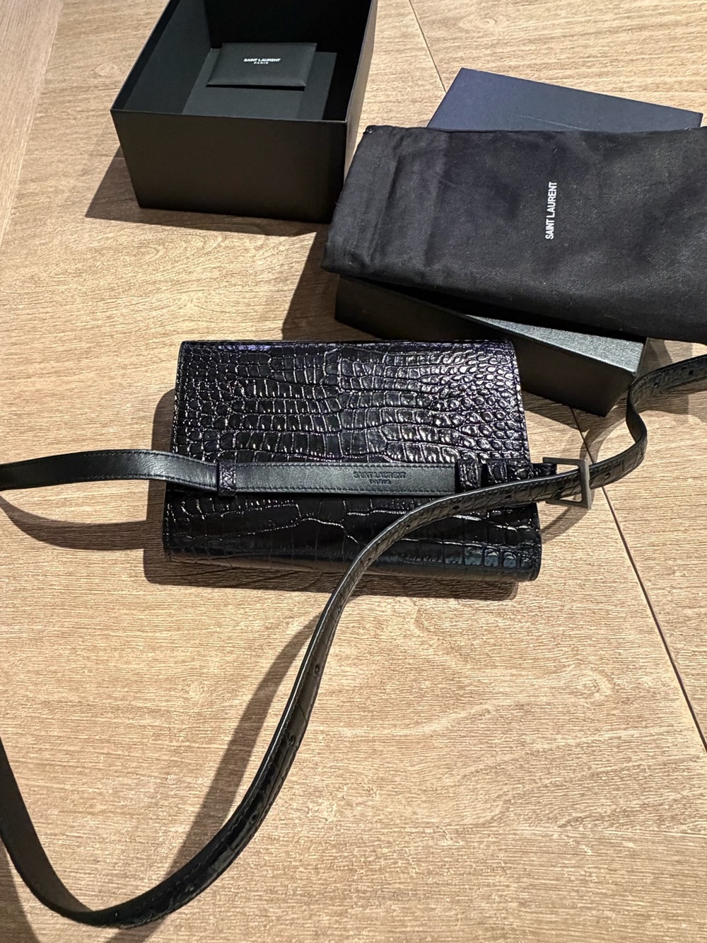 YSL Calfskin Crocodile Embossed Monogram Kate Belt Bag Black - Picture 7 of 11